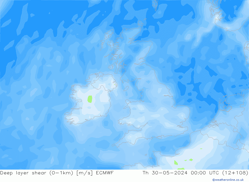 Deep layer shear (0-1km) ECMWF Čt 30.05.2024 00 UTC