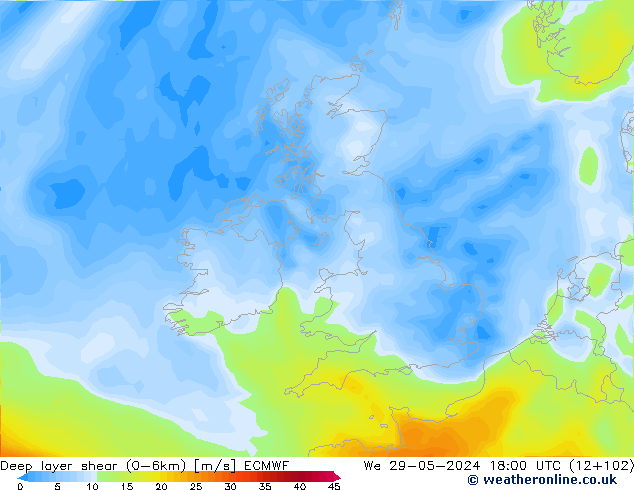 Deep layer shear (0-6km) ECMWF St 29.05.2024 18 UTC