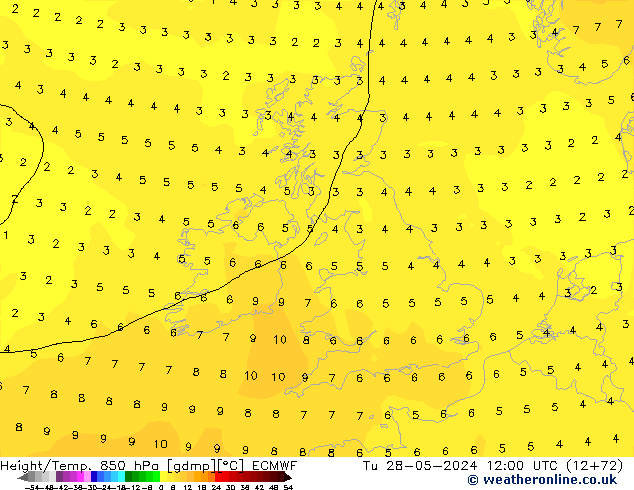 Z500/Rain (+SLP)/Z850 ECMWF wto. 28.05.2024 12 UTC