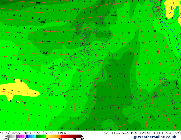 SLP/Temp. 850 гПа ECMWF сб 01.06.2024 12 UTC