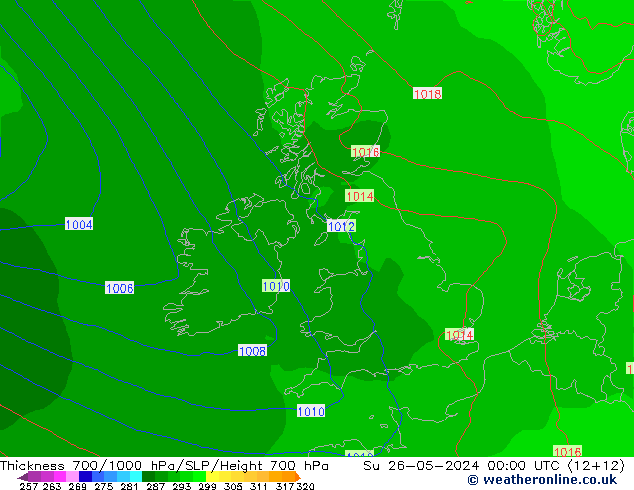 Thck 700-1000 hPa ECMWF Su 26.05.2024 00 UTC