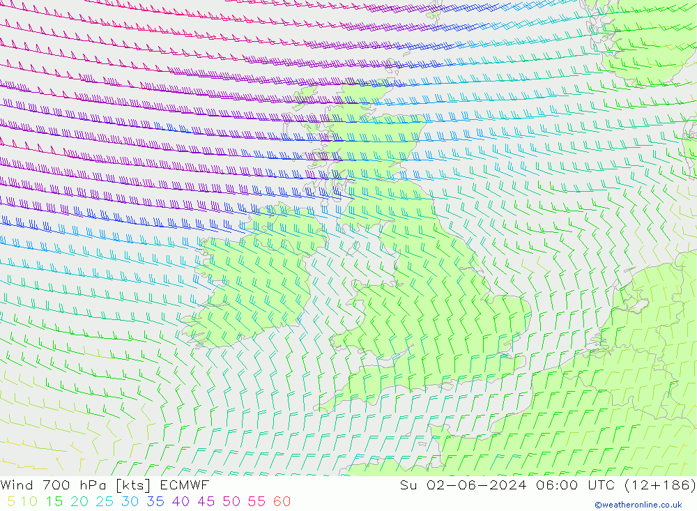 wiatr 700 hPa ECMWF nie. 02.06.2024 06 UTC