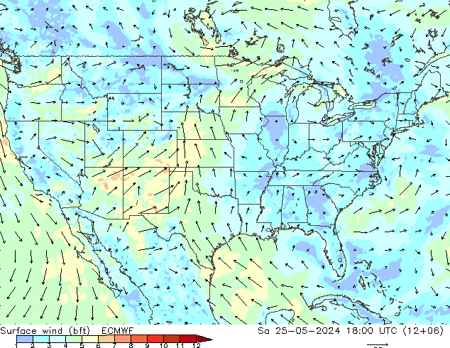 Vent 10 m (bft) ECMWF sam 25.05.2024 18 UTC