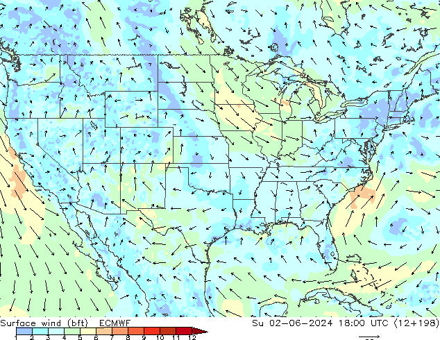 Surface wind (bft) ECMWF Ne 02.06.2024 18 UTC