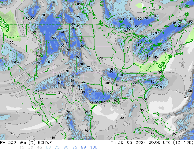 RH 300 hPa ECMWF czw. 30.05.2024 00 UTC