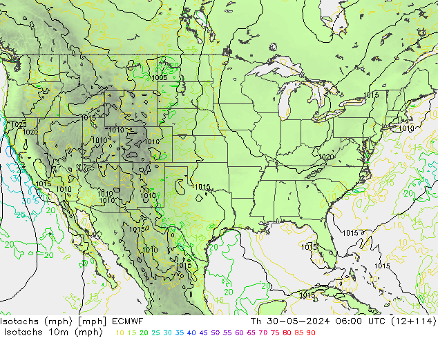 Isotachs (mph) ECMWF Qui 30.05.2024 06 UTC