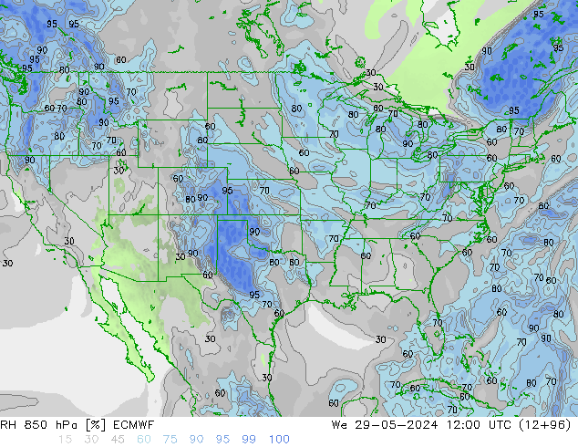 RH 850 hPa ECMWF mer 29.05.2024 12 UTC