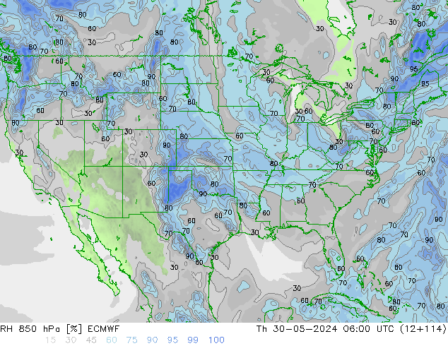 RH 850 hPa ECMWF Qui 30.05.2024 06 UTC