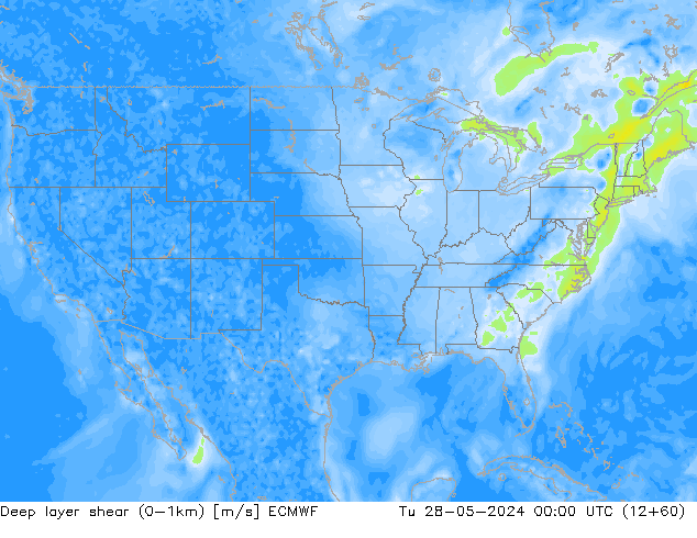 Deep layer shear (0-1km) ECMWF mar 28.05.2024 00 UTC