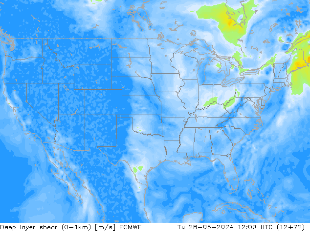 Deep layer shear (0-1km) ECMWF mar 28.05.2024 12 UTC