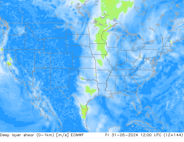 Deep layer shear (0-1km) ECMWF Pá 31.05.2024 12 UTC