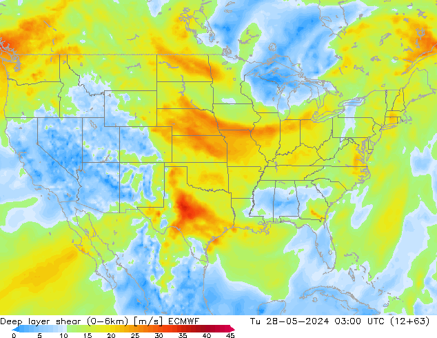 Deep layer shear (0-6km) ECMWF Tu 28.05.2024 03 UTC