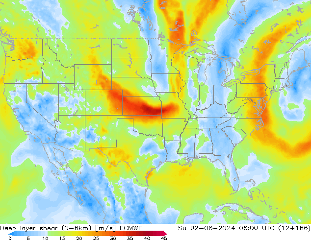 Deep layer shear (0-6km) ECMWF nie. 02.06.2024 06 UTC