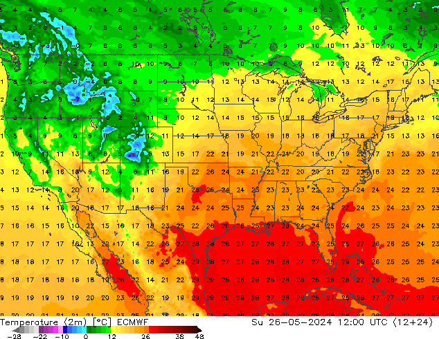 Temperatura (2m) ECMWF dom 26.05.2024 12 UTC