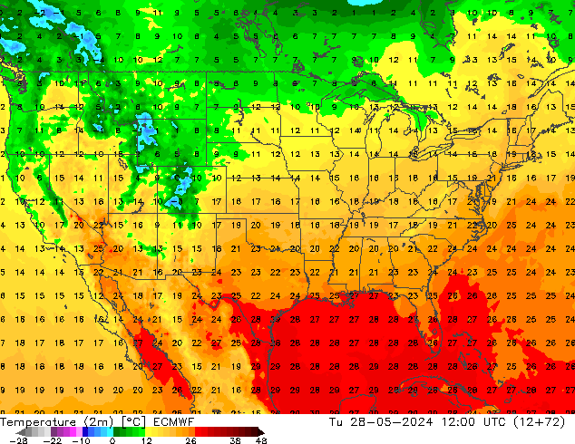 Temperature (2m) ECMWF Tu 28.05.2024 12 UTC