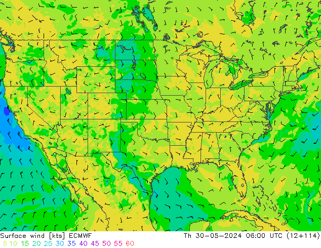 wiatr 10 m ECMWF czw. 30.05.2024 06 UTC