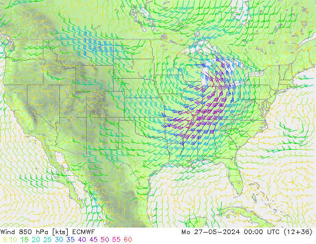 ветер 850 гПа ECMWF пн 27.05.2024 00 UTC