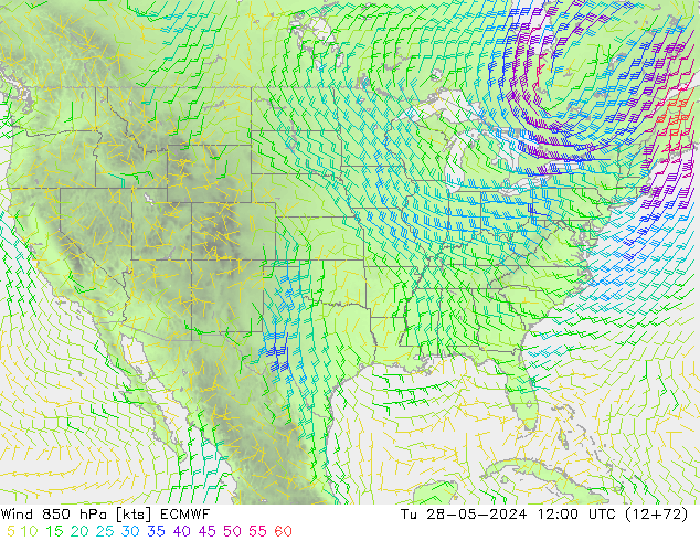 Wind 850 hPa ECMWF Tu 28.05.2024 12 UTC