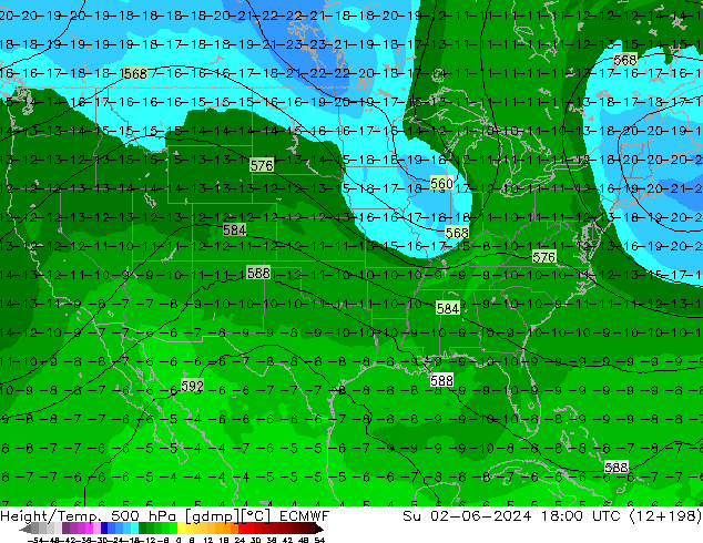 Height/Temp. 500 hPa ECMWF So 02.06.2024 18 UTC