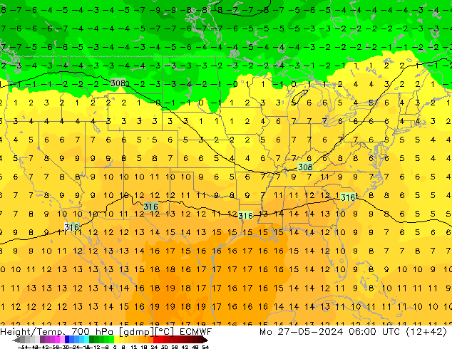 Height/Temp. 700 hPa ECMWF Mo 27.05.2024 06 UTC