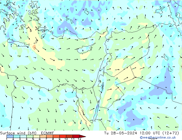 Viento 10 m (bft) ECMWF mar 28.05.2024 12 UTC