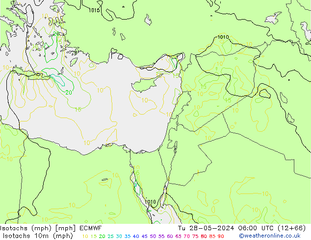 Isotachs (mph) ECMWF Út 28.05.2024 06 UTC