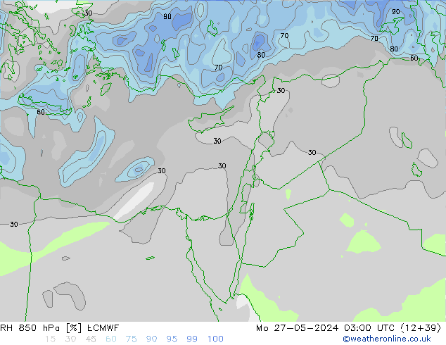 Humedad rel. 850hPa ECMWF lun 27.05.2024 03 UTC