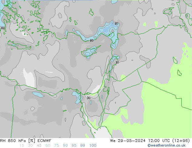 Humedad rel. 850hPa ECMWF mié 29.05.2024 12 UTC