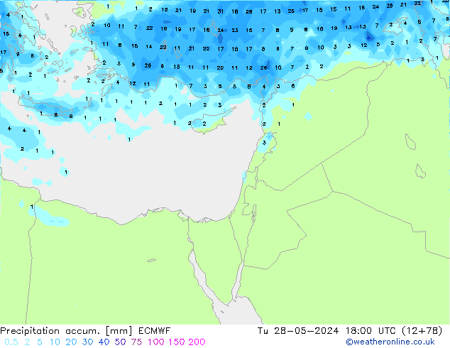 Precipitation accum. ECMWF mar 28.05.2024 18 UTC