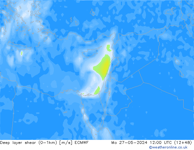 Deep layer shear (0-1km) ECMWF Mo 27.05.2024 12 UTC