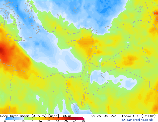 Deep layer shear (0-6km) ECMWF sáb 25.05.2024 18 UTC