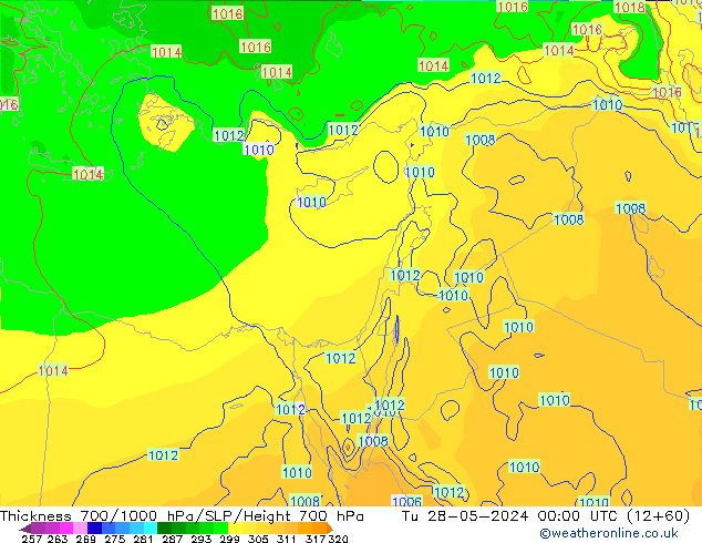 Thck 700-1000 hPa ECMWF Út 28.05.2024 00 UTC