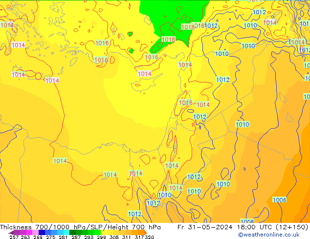 Dikte700-1000 hPa ECMWF vr 31.05.2024 18 UTC