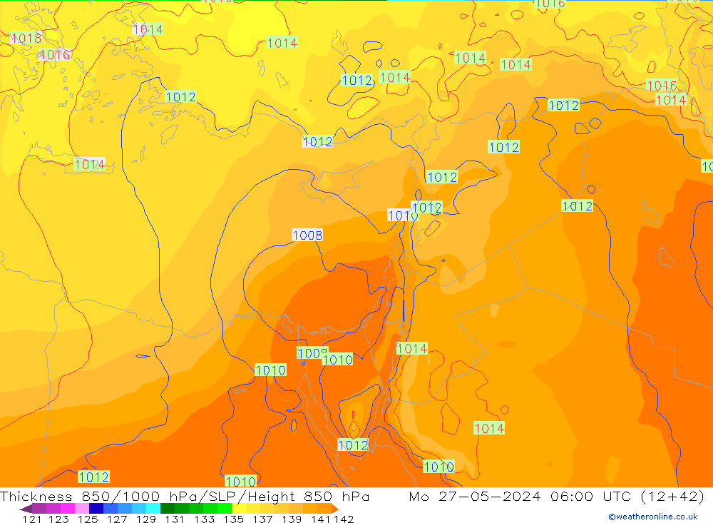 Thck 850-1000 hPa ECMWF lun 27.05.2024 06 UTC