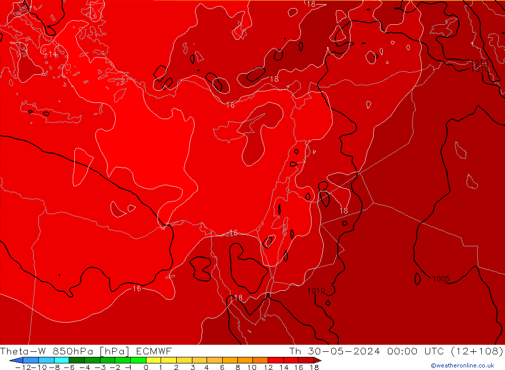 Theta-W 850hPa ECMWF do 30.05.2024 00 UTC