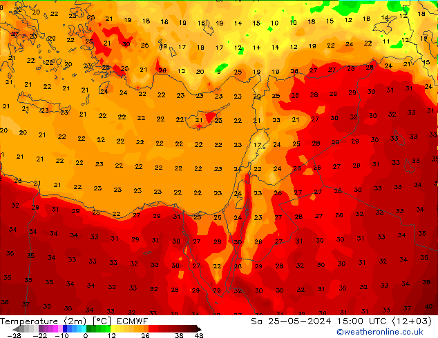 Temperatura (2m) ECMWF sab 25.05.2024 15 UTC