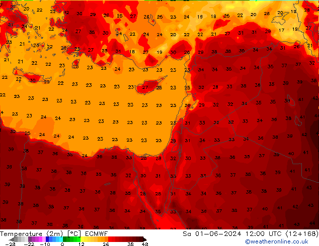 mapa temperatury (2m) ECMWF so. 01.06.2024 12 UTC