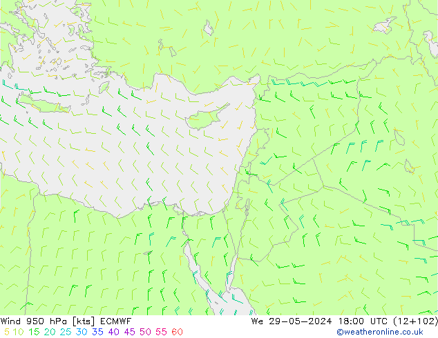 Vento 950 hPa ECMWF mer 29.05.2024 18 UTC