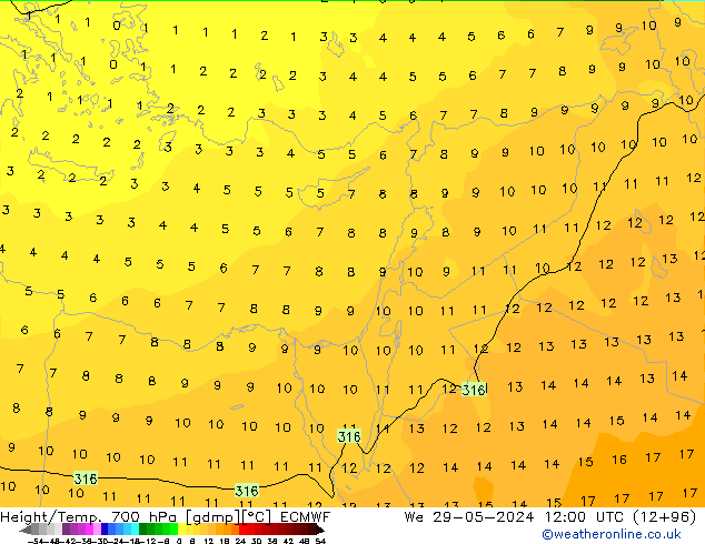 Height/Temp. 700 hPa ECMWF St 29.05.2024 12 UTC