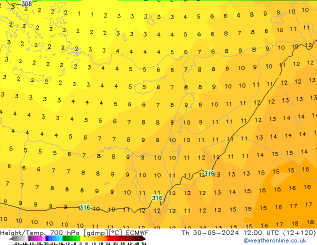 Height/Temp. 700 hPa ECMWF Th 30.05.2024 12 UTC