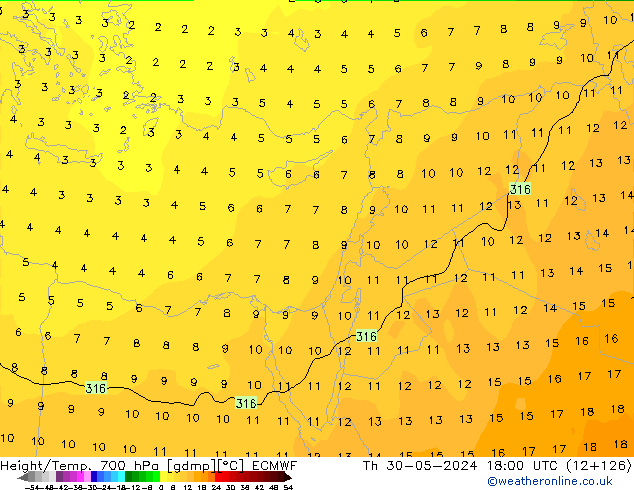 Height/Temp. 700 hPa ECMWF czw. 30.05.2024 18 UTC