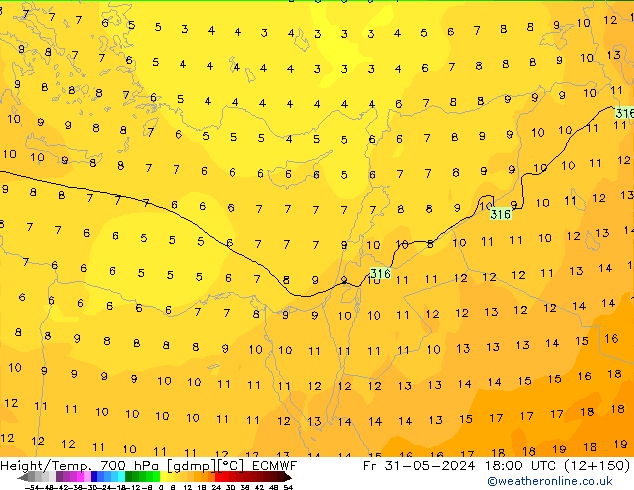 Hoogte/Temp. 700 hPa ECMWF vr 31.05.2024 18 UTC