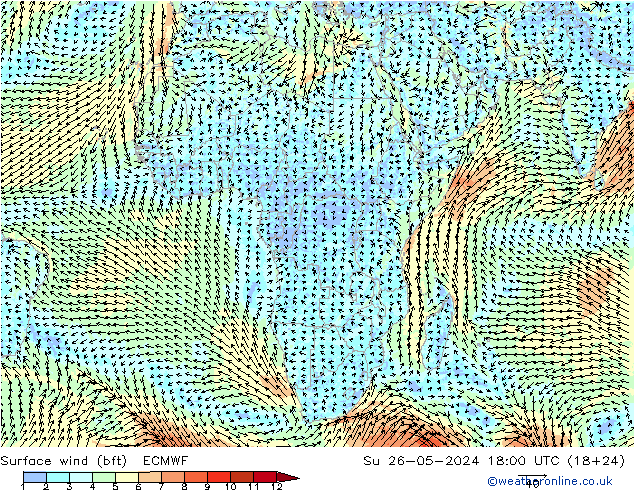 wiatr 10 m (bft) ECMWF nie. 26.05.2024 18 UTC