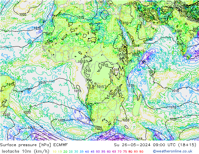 Isotachs (kph) ECMWF  26.05.2024 09 UTC