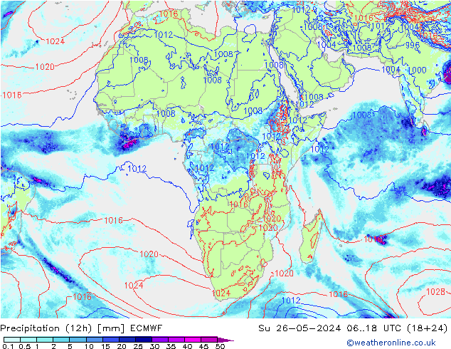 Totale neerslag (12h) ECMWF zo 26.05.2024 18 UTC