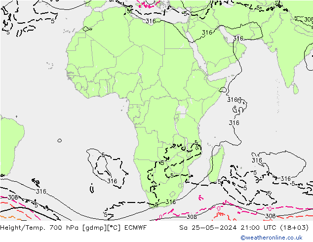 Geop./Temp. 700 hPa ECMWF sáb 25.05.2024 21 UTC