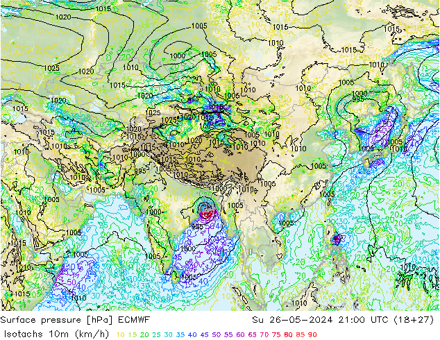 Isotachs (kph) ECMWF dom 26.05.2024 21 UTC