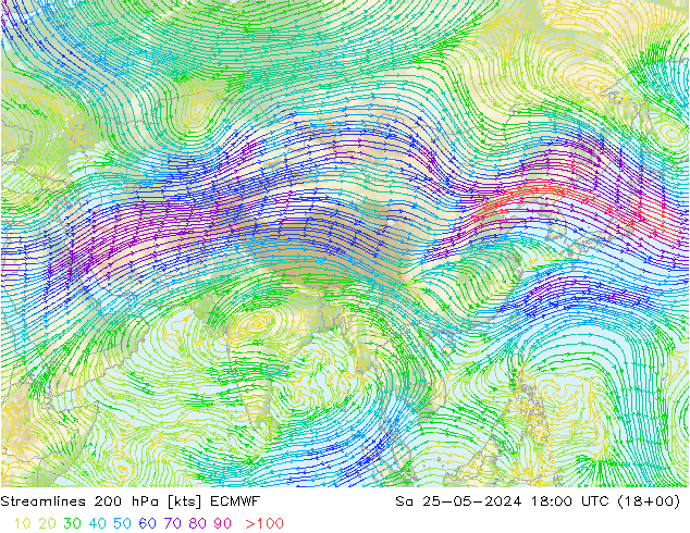 Streamlines 200 hPa ECMWF Sa 25.05.2024 18 UTC