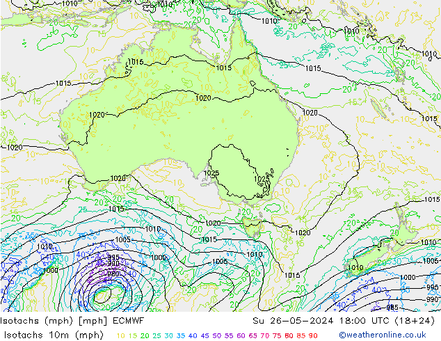 Isotachs (mph) ECMWF Ne 26.05.2024 18 UTC