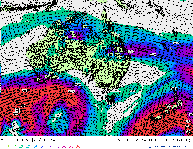 Vent 500 hPa ECMWF sam 25.05.2024 18 UTC